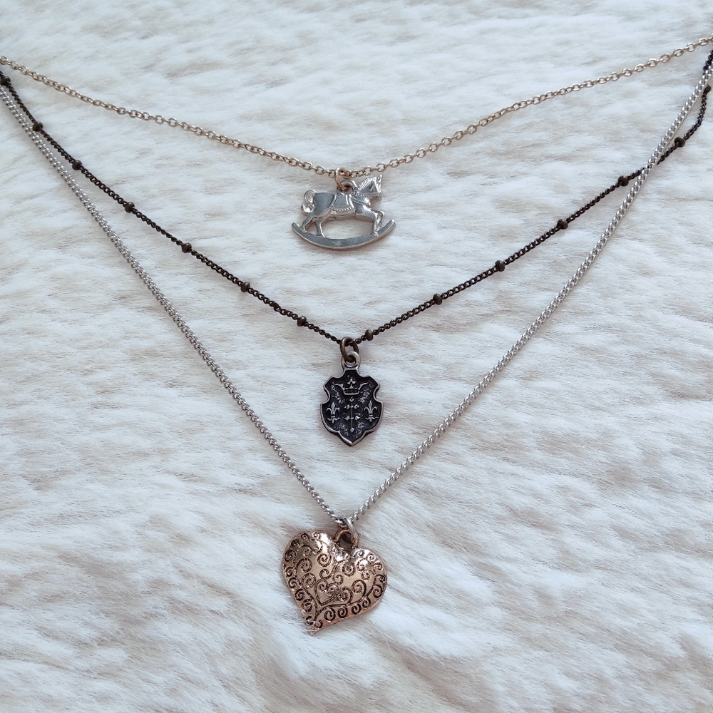 Triple Layer Silver and Gold Heart Pendant Necklace